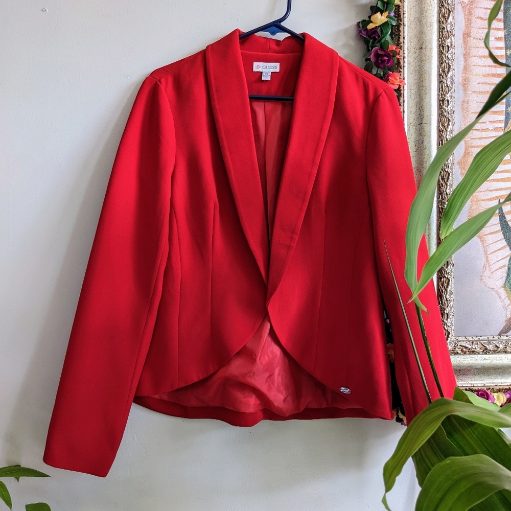 Guess Red Blazer Coat Formal Long Sleeve Size L w/ gold button accent